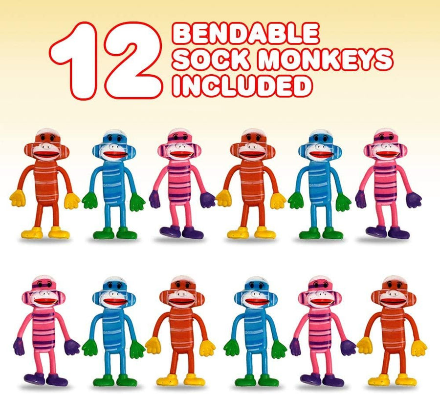4" Bendable Sock Monkey Toys - Set of 12 - Flexible Plastic - Birthday Party Favors for Boys and Girls - Stress Relief Fidget Toys for Kids