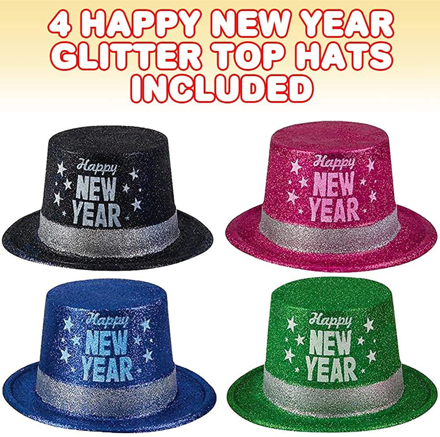 New Years Eve Glitter Top Hats, Set of 4, Happy New Years Hats for Kids and Adults with Sparkly Glitter, New Years Photo Props, Party Favors, and Giveaways, Assorted Colors