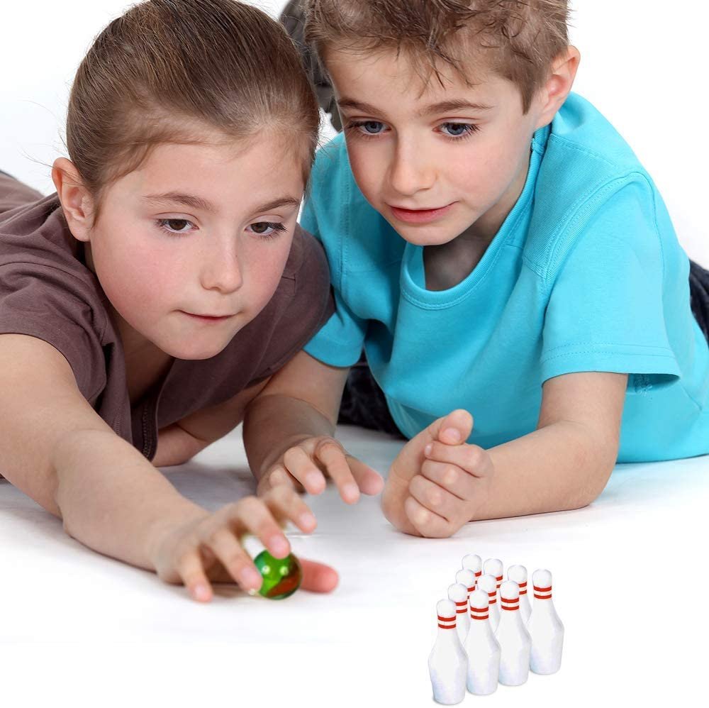 Mini Bowling Game, Set of 12, Each Set Includes 10 Miniature Pins and 1 Marble Bowling Ball, Tabletop Bowling Sets for Kids and Adults, Party Favors, Goodie Bag Fillers, and Small Prizes