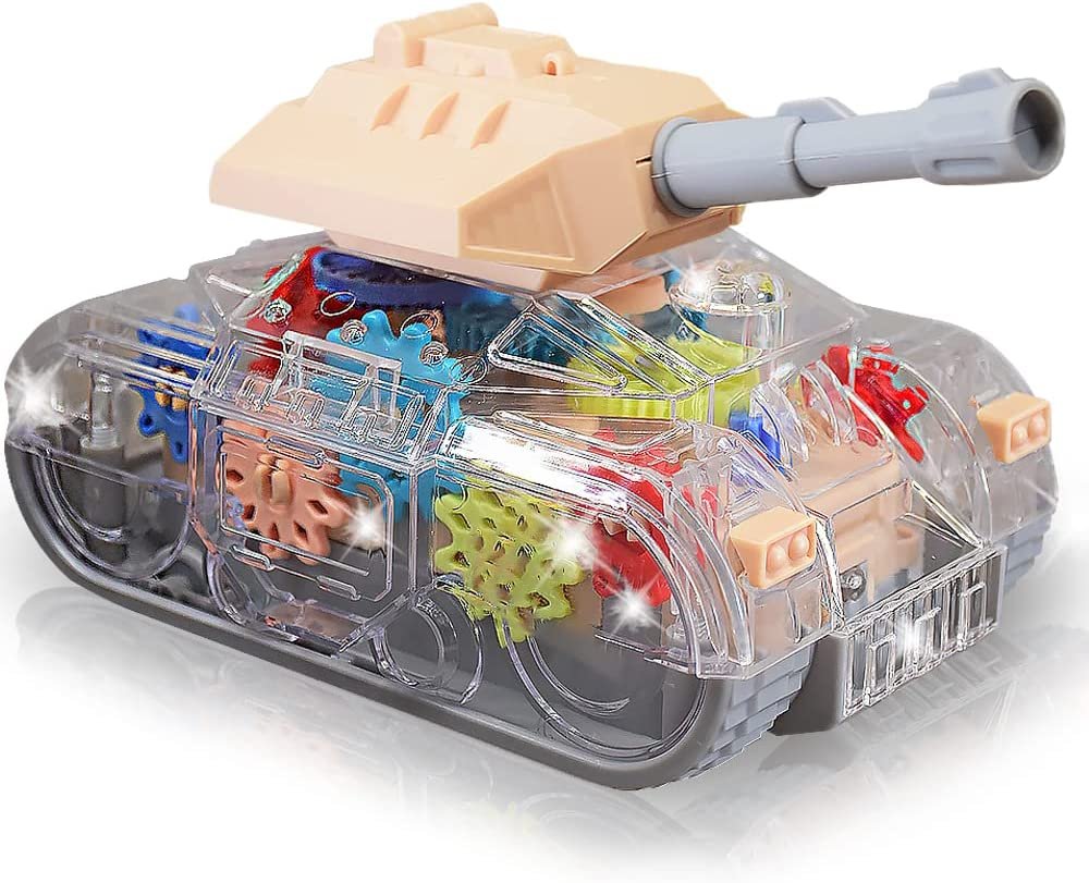 Light Up Transparent Gear Tank Toy for Kids, Bump and Go Army Toy