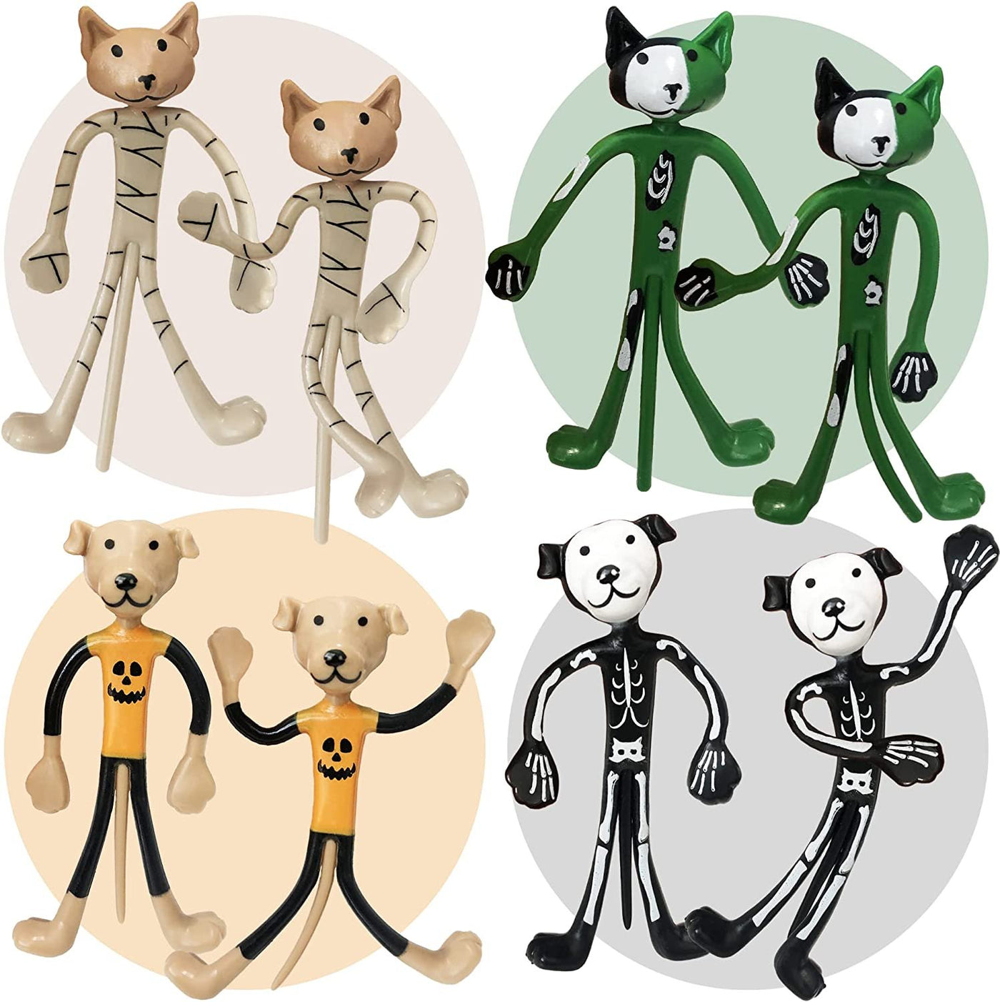 Halloween Bendable Figures, Set of 12, 3D Halloween Themed Dogs and Cats in 4 Different Designs, Stress Relief Toys for Boys and Girls, and Non-Candy Trick or Treat Supplies
