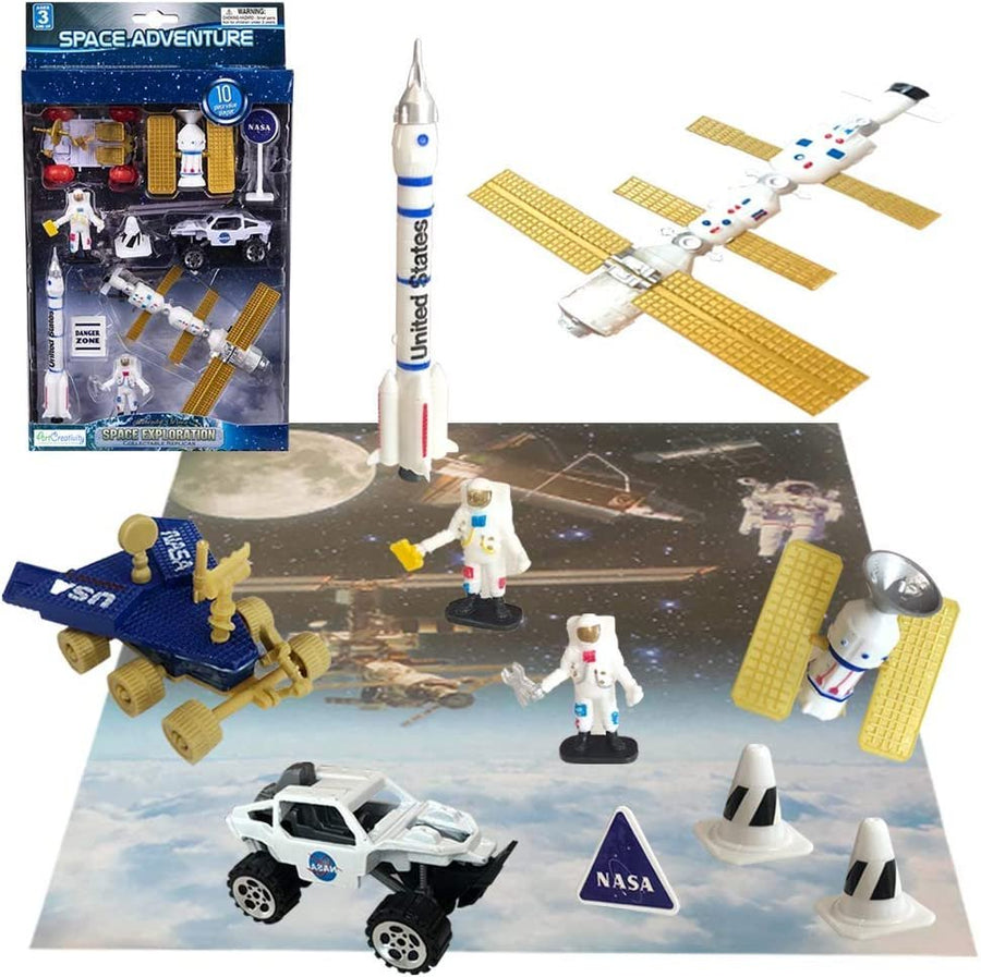 10 Pc Space Explorer Toy Kit, Pretend Play Set with Astronaut Figurines, Robotic Exploration Truck, Diecast Metal Vehicle, NASA Sign and More, Best Gift for Exploring Boys and Girls