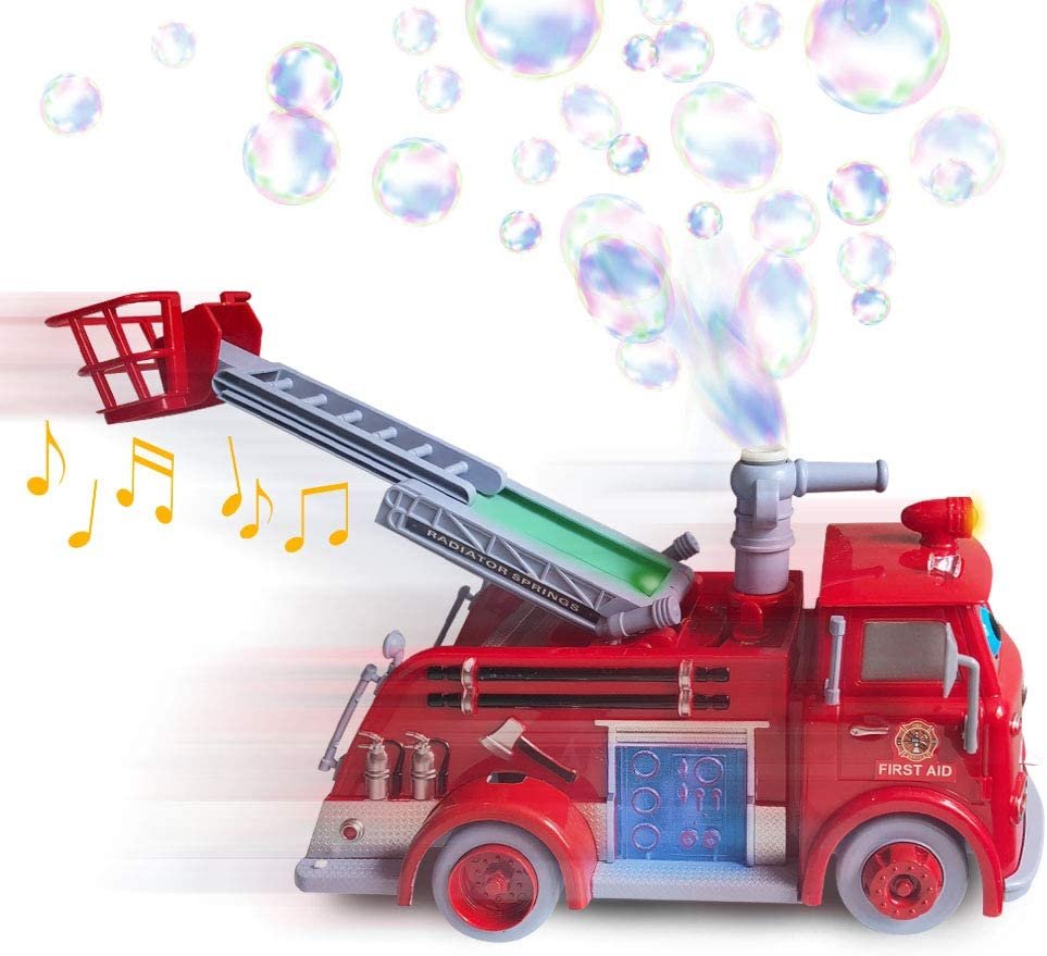 Bubble Blowing Fire Engine Toy Truck for Kids, LED and Siren Effects