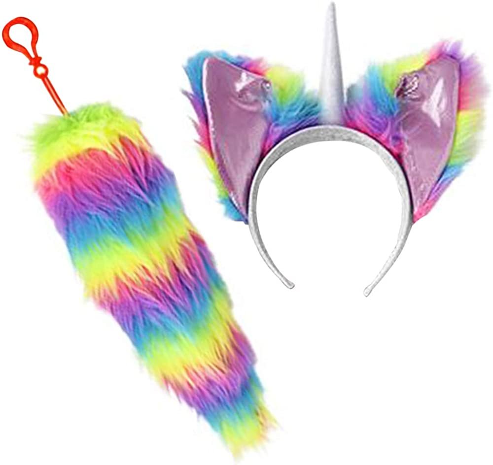 ArtCreativity Unicorn Headband & Tail Set for Kids, Includes Furry Ear Headband and Rainbow Clip-On-Tail, Cute Unicorn Costume Accessories for Children and Adults