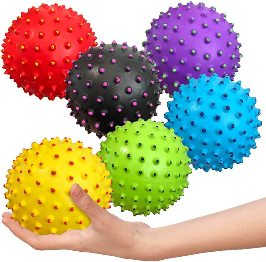 Two-Tone Knobby Balls, Set of 6, Fidget Sensory Toys for Kids, 4" Spiky Sensory Balls in Assorted Colors, Birthday Party Favors, Treasure Box Prizes – Sold Deflated