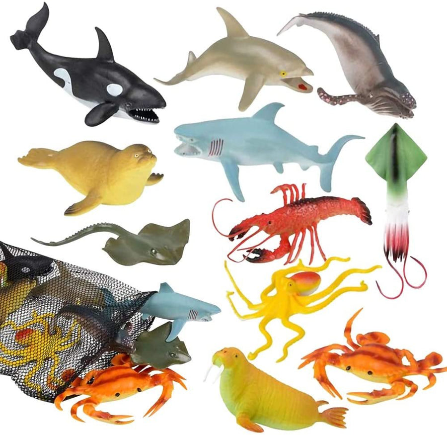 Aquatic Animal Assortment in Mesh Bag, Pack of 11 Sea Creature Figurines in Assorted Designs, Bath Water Toys for Kids, Ocean Life Party Décor, Party Favors for Boys and Girls