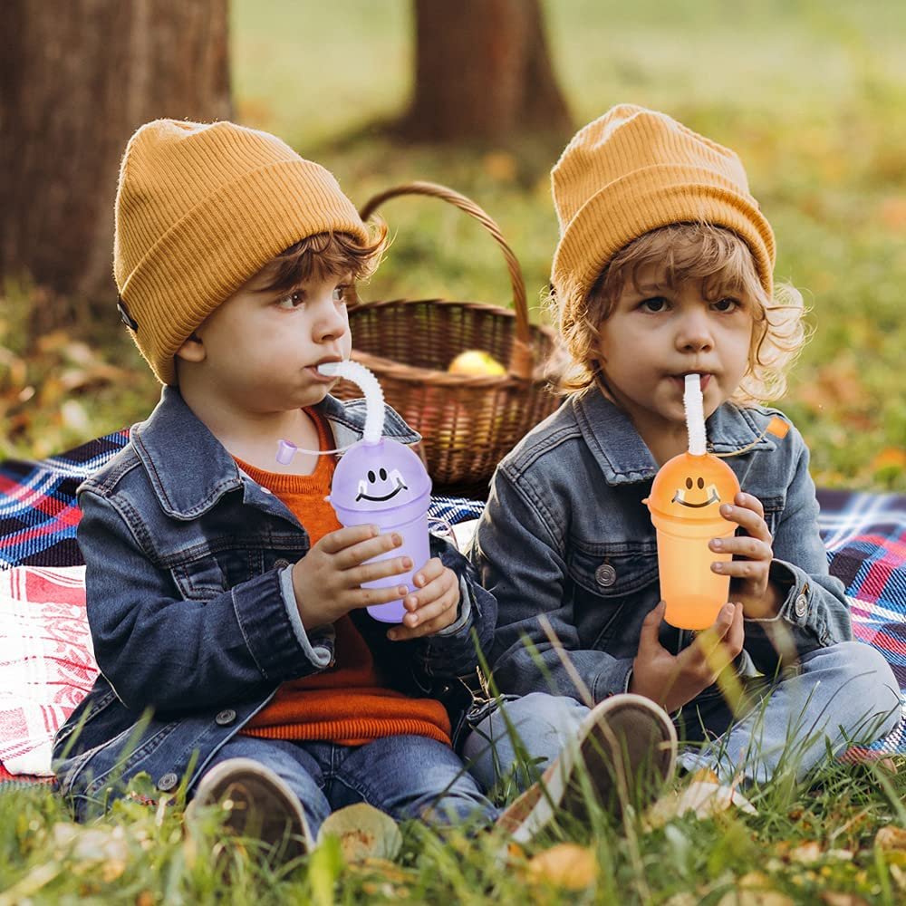 Smile Face Sipper Cups with Straws & Lids, Set of 12, Fun Assorted Colors, 7 oz Plastic Party Sipper Cups for Kids, Neon Party Favors for Children, Birthday Supplies & Goodie Bag Fillers