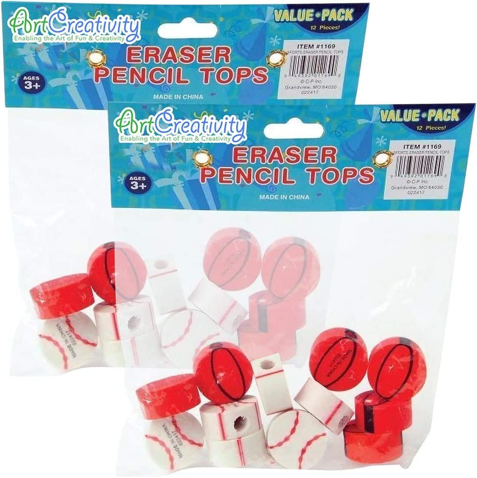 Sports Eraser Pencil Tops, 24 Pcs, Sporty Eraser Caps Toppers, Classroom Prize, Teacher Rewards, Sports Themed Birthday Party Favors, Goody Bag Stuffers for Boys and Girls
