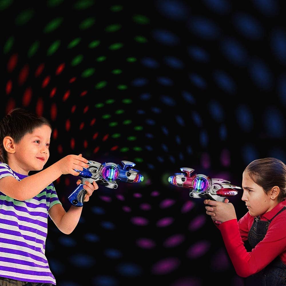 Red & Blue Super Spinning Space Toy Gun Set with Flashing Lights & Sound Effects, Pack of 2, Cool Futuristic Toy Guns, Batteries Included, Great Gift Idea for Boys & Girls