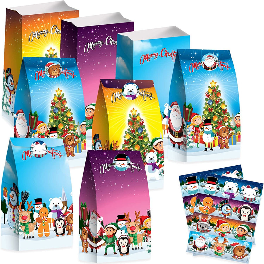 Christmas Treat Bags, Set of 24 Paper Bags and 24 Stickers, 10" Christmas Candy Bags with Sealing Stickers, Christmas Goodie Bags for Sweets, Toys, Gifts, and More