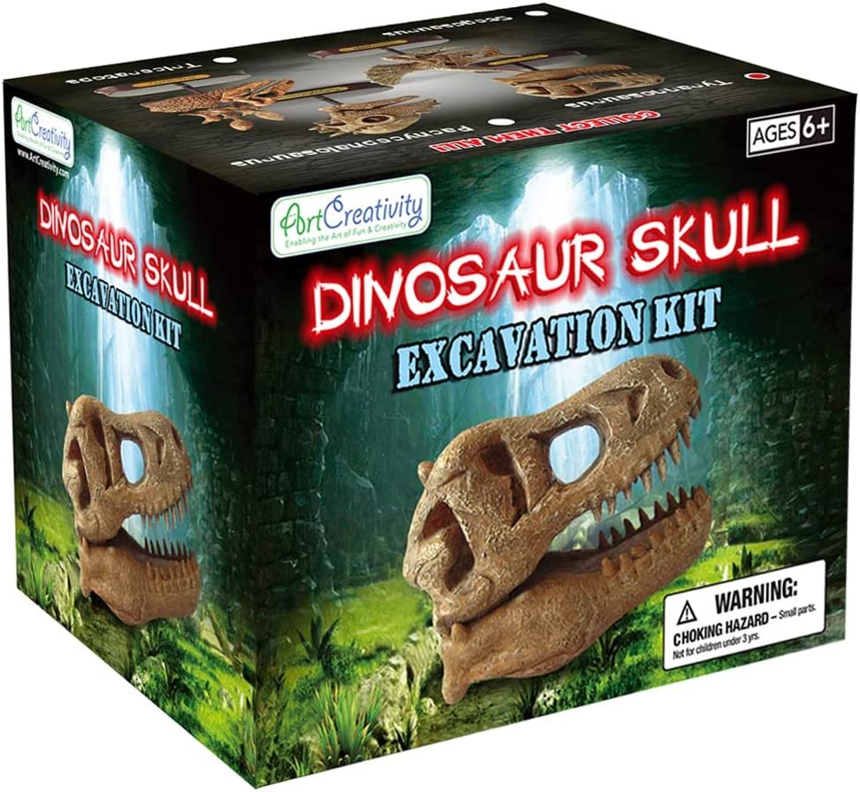 Dinosaur Excavation Kit for Kids, 5.5” T-Rex Dino Skull Excavating Set with Fossil Digging Tools and Stand, Fun Science Activity Toy, Holiday/ Birthday Gift for Boys, Girls, Adults