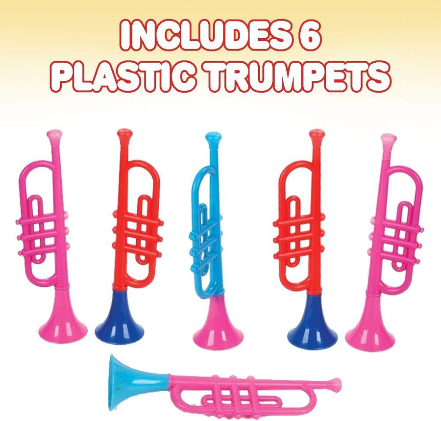 13" Plastic Trumpets, Set of 6, Music Toys for Kids and Toddlers, Fun Musical Instruments Noise Makers for Parties and Events, Cool Birthday Party Favors for Boys, Girls, Adults