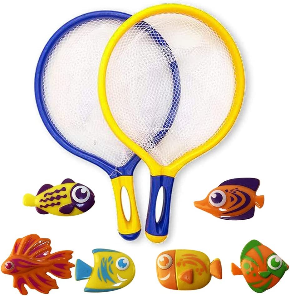 ArtCreativity Fishing Net Catch Game, Set of 2, Each Set with 1 Fishing Net and 6 Colorful Fish Toys, Pool Toys for Kids, Bathtu