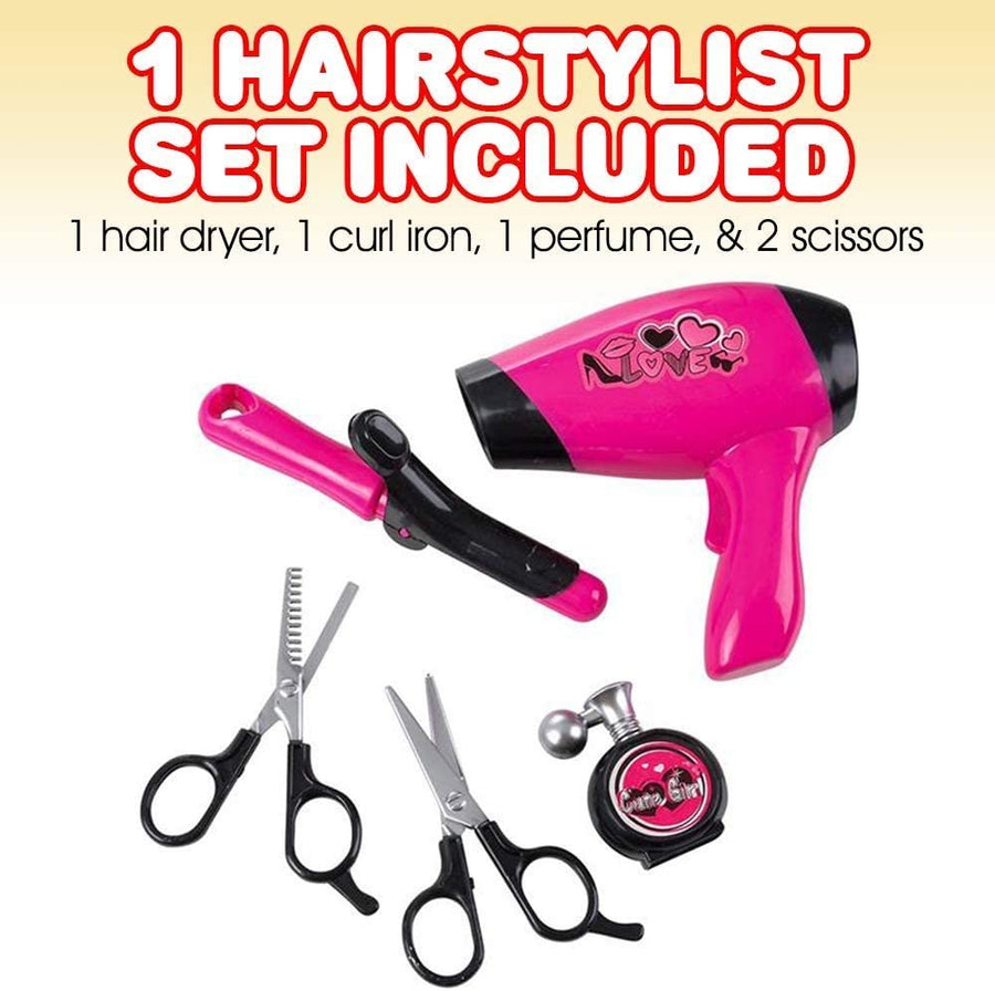 Hair Stylist Set for Girls, Beauty Salon Pretend Play Kit with Toy Hair Dryer, Curling Iron, Perfume, and 2 Scissors, Durable Plastic Hair Dresser Playset, Best Birthday Gift for Kids