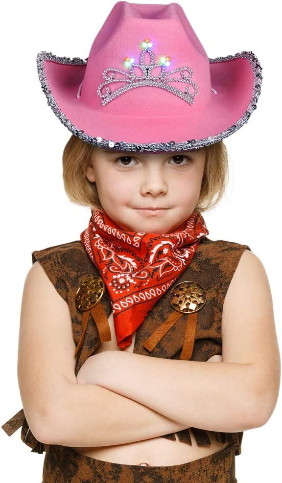 Light-Up Pink Cowboy Hat for Girls - Sparkly Cowgirl Hat with Sequins and a Dazzling LED Tiara - Cute Cowgirl Birthday Party Hat for Girls - Fun Shiny Cowgirl Costume Accessory
