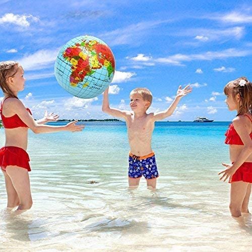 Inflatable World Globe Ball Set by - Set of 6 Print Blue and Clear - Colorful Earth Map, 16" Inflatable Beachball for Pool, Summer Fun Toys for Kids, Learning and More