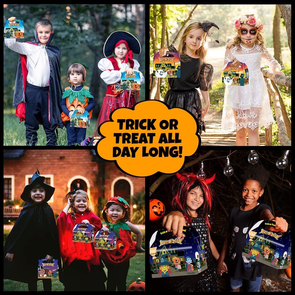 Halloween Treat Boxes, Set of 12, Cardboard Paper Halloween Candy Boxes with Carry Handles, Adorable Trick or Treat Supplies, Halloween Goodie Bags for Sweets, Toys, Gifts, and More