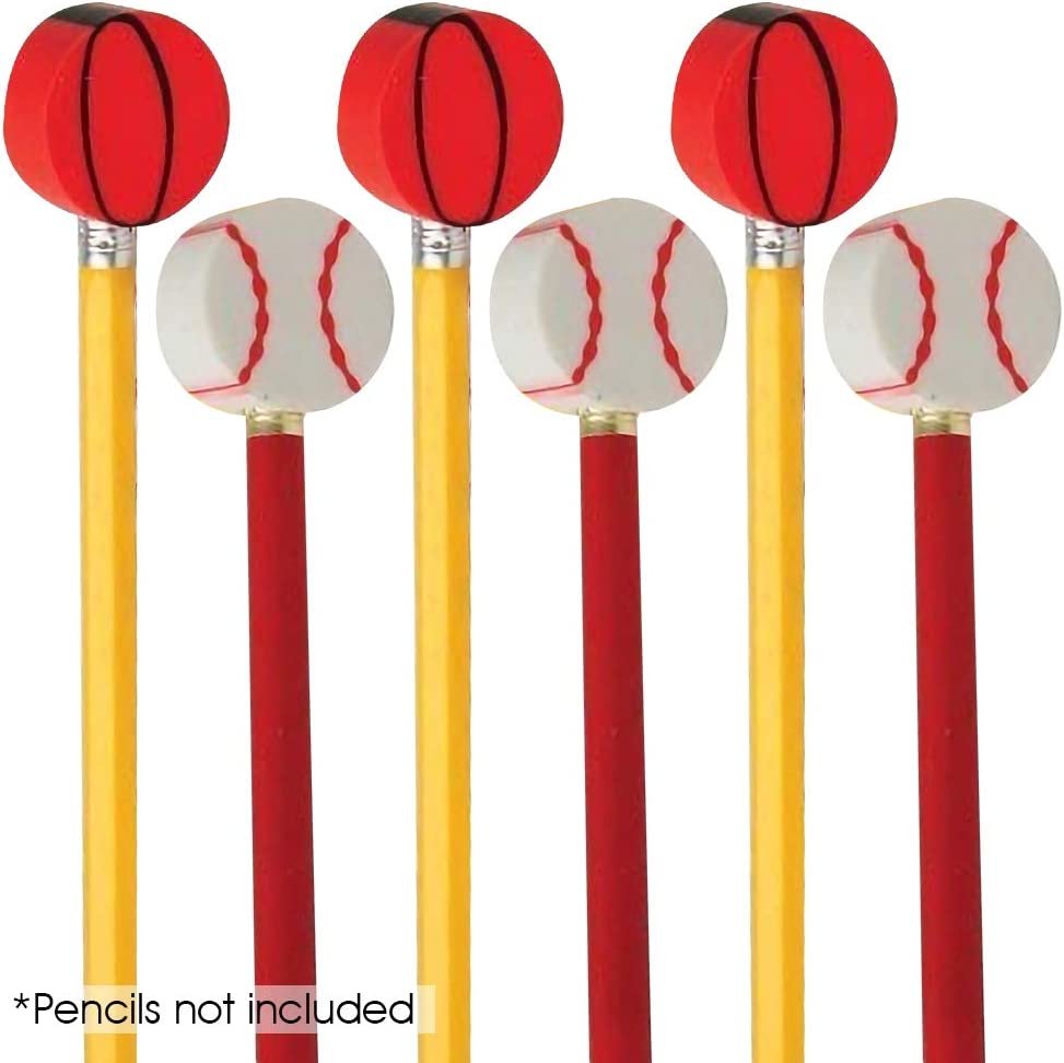 Sports Eraser Pencil Tops, 24 Pcs, Sporty Eraser Caps Toppers, Classroom Prize, Teacher Rewards, Sports Themed Birthday Party Favors, Goody Bag Stuffers for Boys and Girls