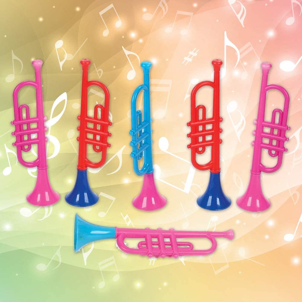 13" Plastic Trumpets, Set of 6, Music Toys for Kids and Toddlers, Fun Musical Instruments Noise Makers for Parties and Events, Cool Birthday Party Favors for Boys, Girls, Adults