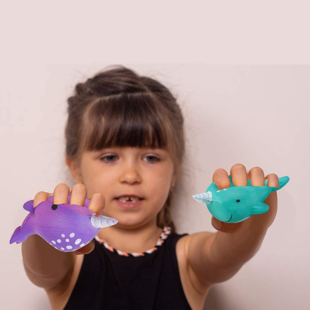 Squeezy Narwhals, Set of 4, Scented Slow Rising Stress Relief Toys for Kids, Squeezable Narwhale Birthday Party Favors and Goodie Bag Fillers, 4 Cute Colors