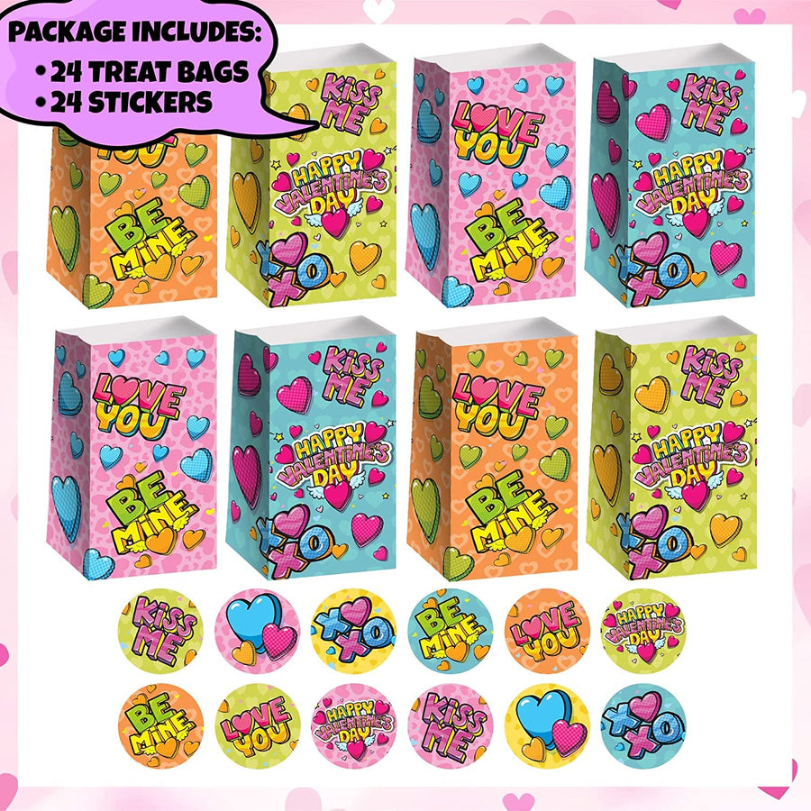 10" Valentines Day Treat Bags, Set of 24 Paper Candy Bags & 24 Stickers and More