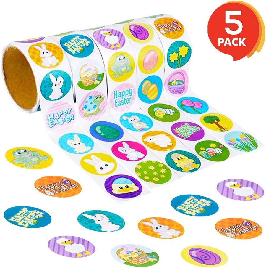 Easter Sticker Roll Assortment - 5 Rolls with 500 Stickers Total - Assorted Vibrant Designs and Colors - Cute Holiday Decorations, Easter Party Favors, for Boys and Girls Ages 3+