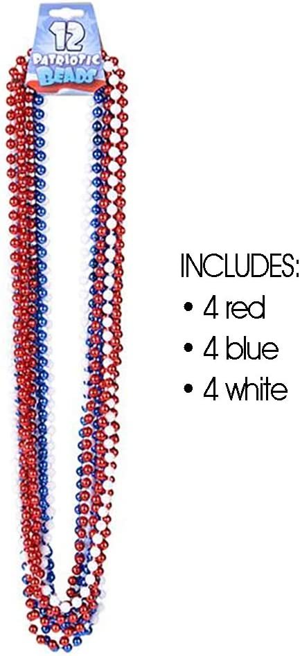 Patriotic Beads Necklaces - Pack of 12 - Red, White, and Blue Beaded Necklaces for 4th of July, Independence Day, Memorial Day, Mardi Gras Beads Supplies, Favors for Kids and Adults