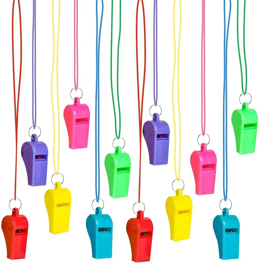 Neon Whistle Necklace For Kids, Set of 12, Kids’ Party Noisemakers, Variety Of Colors, Sports Party Favors, School Sports Supplies, Easter Egg Fillers, Great Party favor, Goody Bag Filler