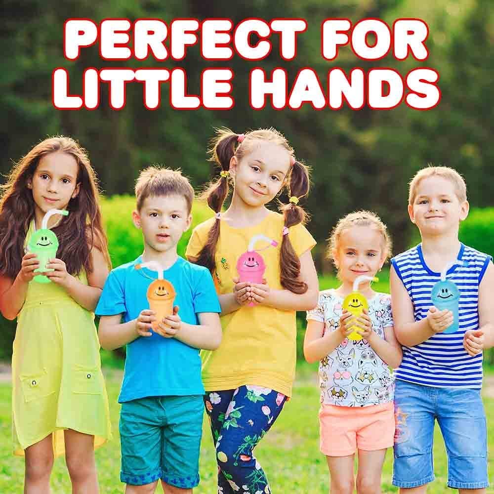 Smile Face Sipper Cups with Straws & Lids, Set of 12, Fun Assorted Colors, 7 oz Plastic Party Sipper Cups for Kids, Neon Party Favors for Children, Birthday Supplies & Goodie Bag Fillers