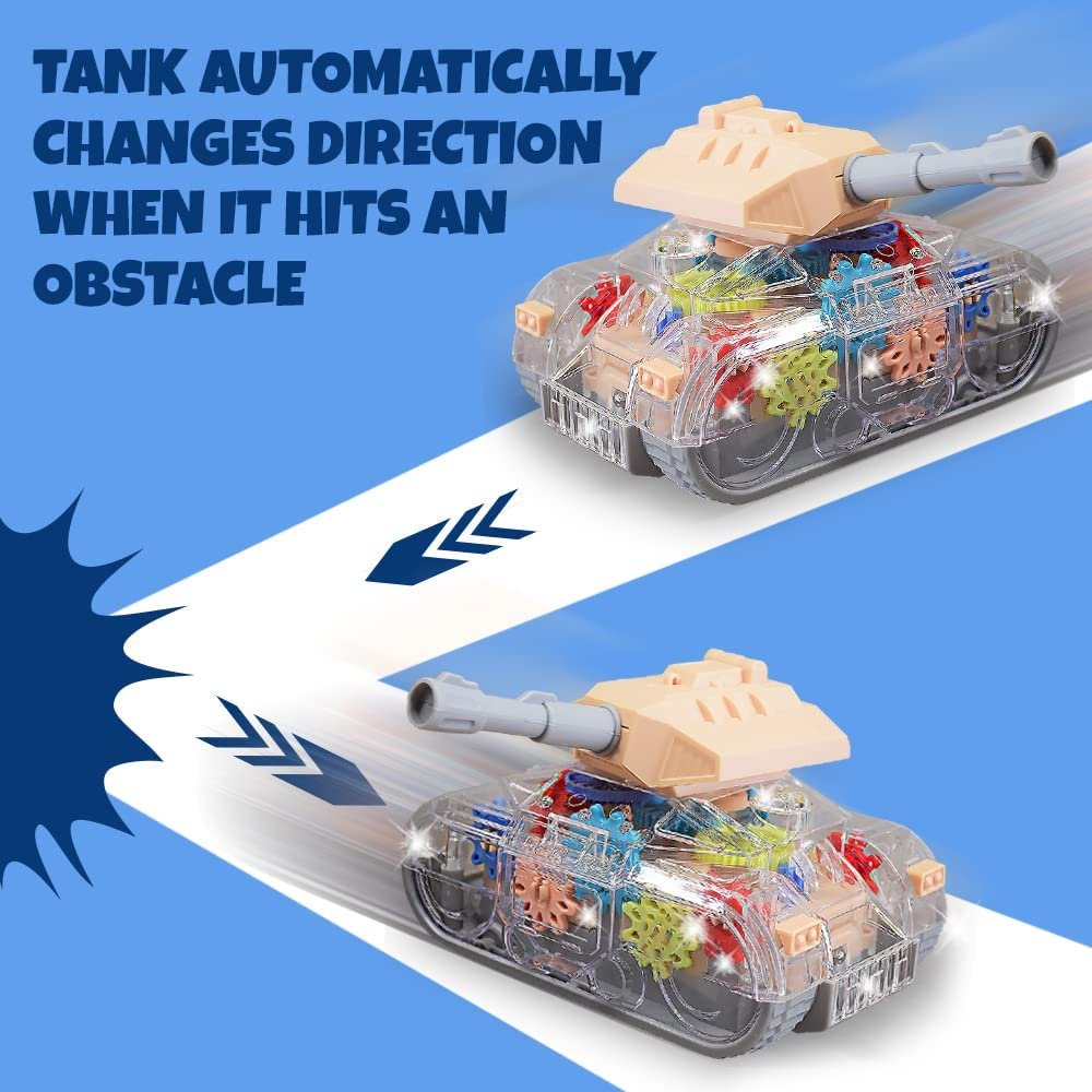 Light Up Transparent Gear Tank Toy for Kids, Bump and Go Army Toy Tank with Colorful Moving Gears, Music, and LEDs, Fun Educational Army Tanks Toys For Boys, Great Toddler Light Up Toy