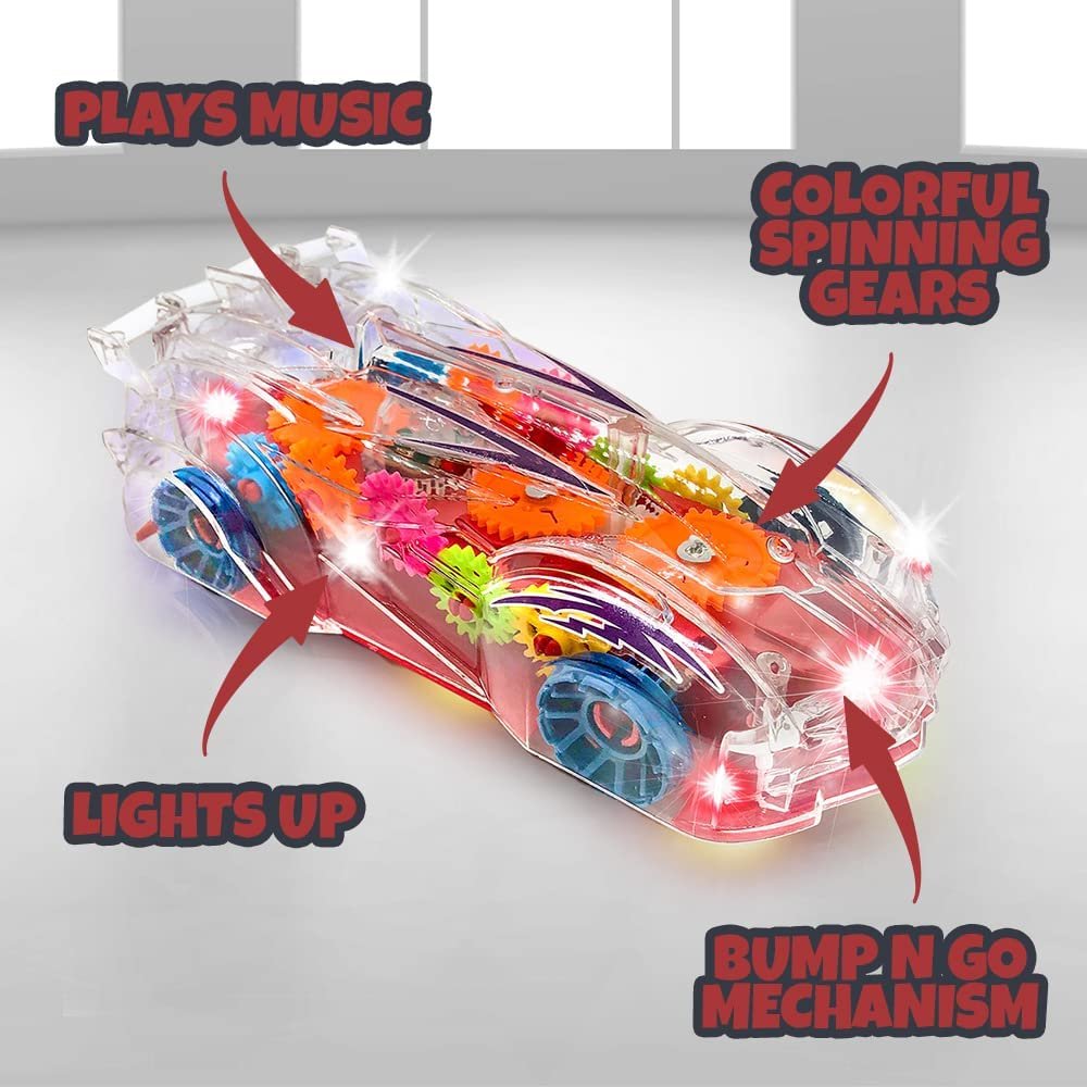 Light Up Car Transparent Gear Racer Toy Car for Kids, 1PC, Bump and Go Toy car with Colorful Moving Gears, Music, and LED Effects, Fun kids Car Toys for Boys, Great Birthday gifts For 3 Year Old Boys