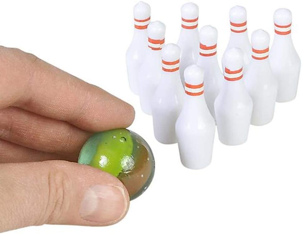 Mini Bowling Game, Set of 12, Each Set Includes 10 Miniature Pins and 1 Marble Bowling Ball, Tabletop Bowling Sets for Kids and Adults, Party Favors, Goodie Bag Fillers, and Small Prizes