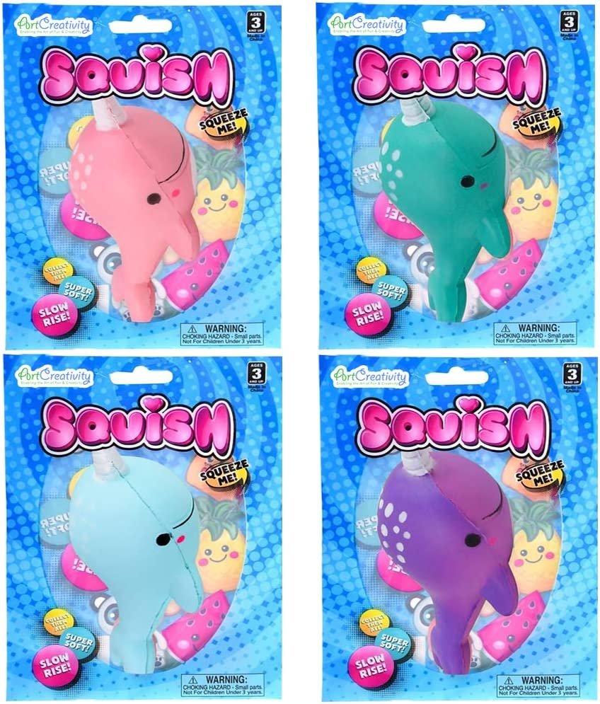 Squeezy Narwhals, Set of 4, Scented Slow Rising Stress Relief Toys for Kids, Squeezable Narwhale Birthday Party Favors and Goodie Bag Fillers, 4 Cute Colors