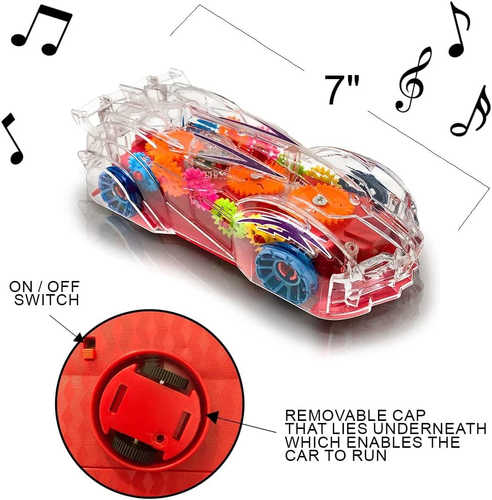 Light Up Car Transparent Gear Racer Toy Car for Kids, 1PC, Bump and Go Toy car with Colorful Moving Gears, Music, and LED Effects, Fun kids Car Toys for Boys, Great Birthday gifts For 3 Year Old Boys
