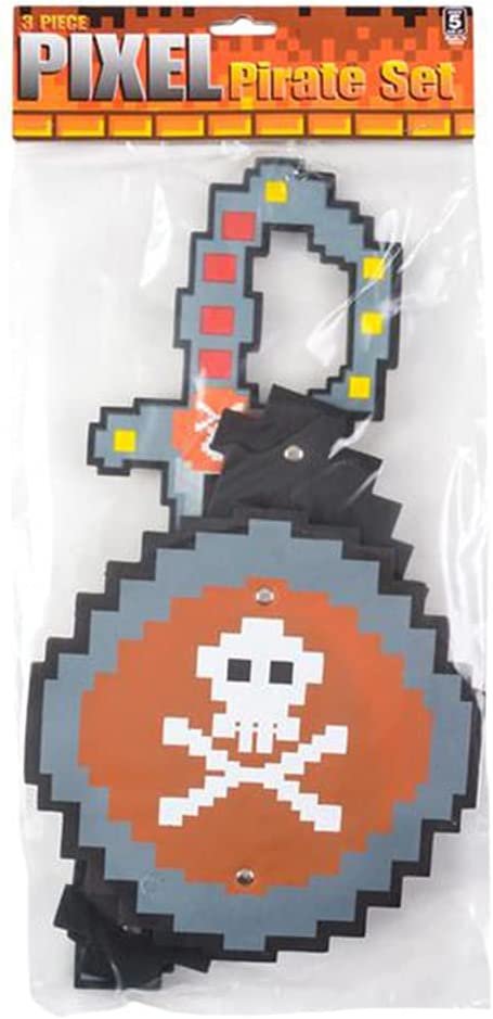Foam Pixel Pirate Set, 3-Piece Kit with Pixelated Sword, Shield, and Hat, Unique Halloween Pirate Costume Accessories, Fun Pirate Toys for Kids, Great Birthday Gift Idea