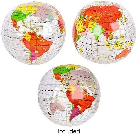 Inflatable World Globe Ball Set by - Set of 6 Print Blue and Clear - Colorful Earth Map, 16" Inflatable Beachball for Pool, Summer Fun Toys for Kids, Learning and More