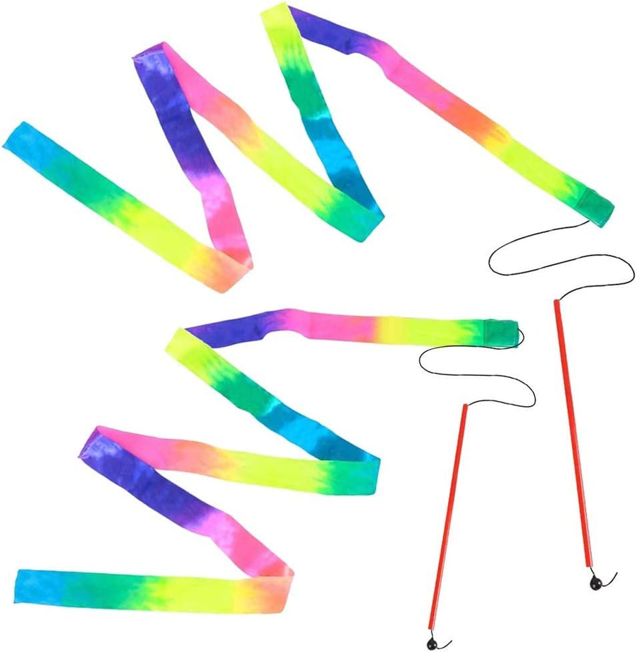 Rainbow Dance Ribbon Streamers for Kids, Set of 2, Twirling Ribbons for Dancing, Marching Band, Exercise, Pretend Play, Gymnastics Party Favors, Dance Party Decorations