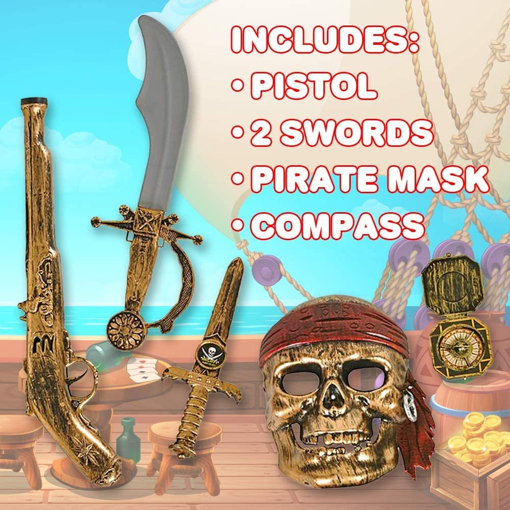 Pirate Play Set for Kids, 5PC Playset with Plastic Sword, Pistol, Dagger, Compass, and Mask, Pirate Halloween Costume Accessories and Photo Booth Props, Fun Pretend Play Set