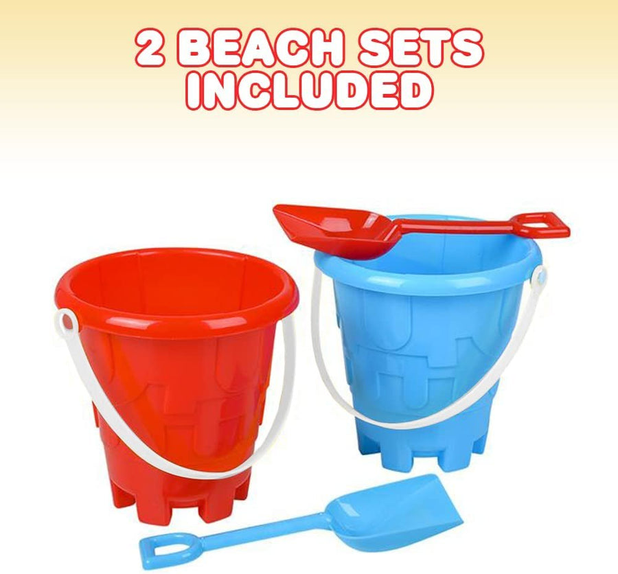 6" Beach Sand Pail and Shovel Set - Includes 2 Sand Shovels and 2 Pail Buckets with a Sand Castle Design Inside - Sandcastle Building Toys, Fun Summer Sand Toys for Boys and Girls