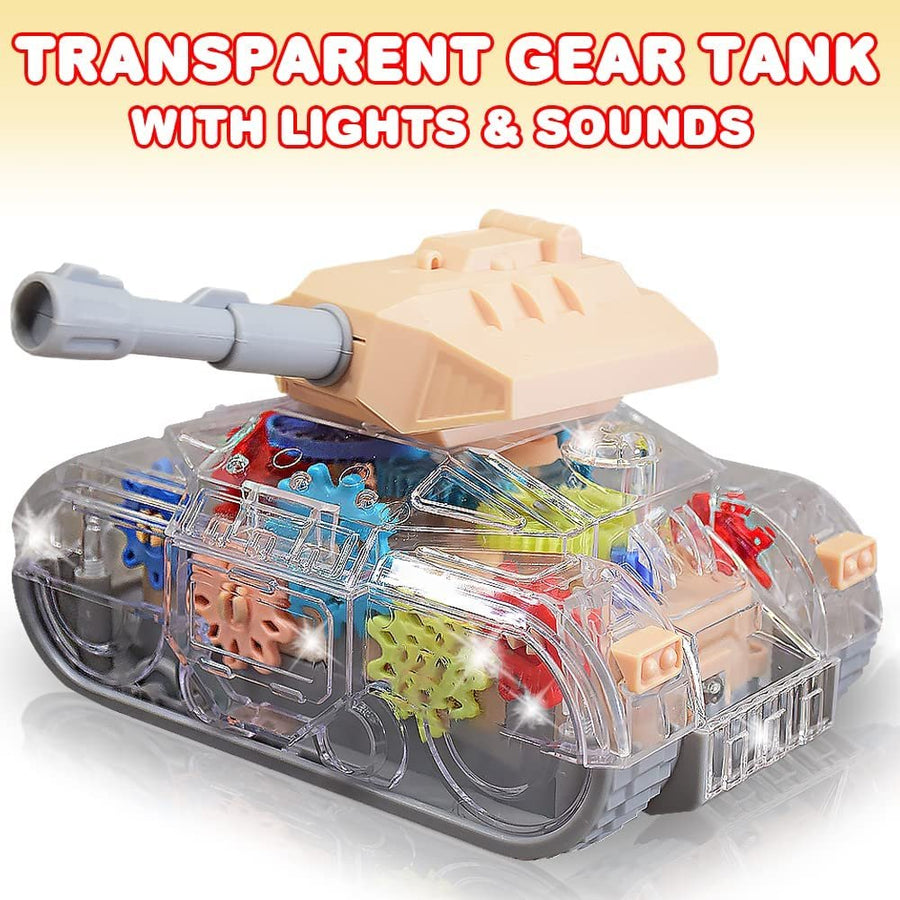 Light Up Transparent Gear Tank Toy for Kids, Bump and Go Army Toy Tank with Colorful Moving Gears, Music, and LEDs, Fun Educational Army Tanks Toys For Boys, Great Toddler Light Up Toy