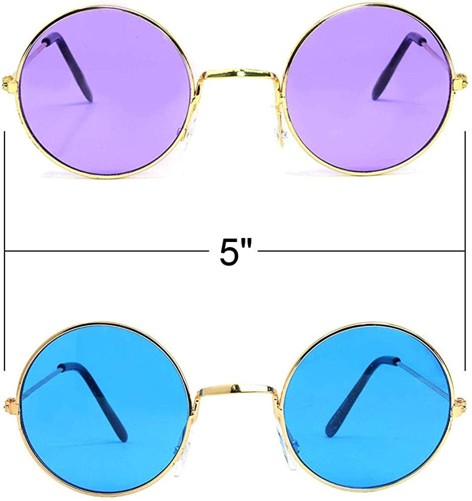 Round Colored Glasses - Pack of 3 - Hippy Style Circle Shades with Gold Frame - Vintage Glasses for 60s Hippie Costume, Disco Party, for Boys and Girls - Blue, Pink, and Purple