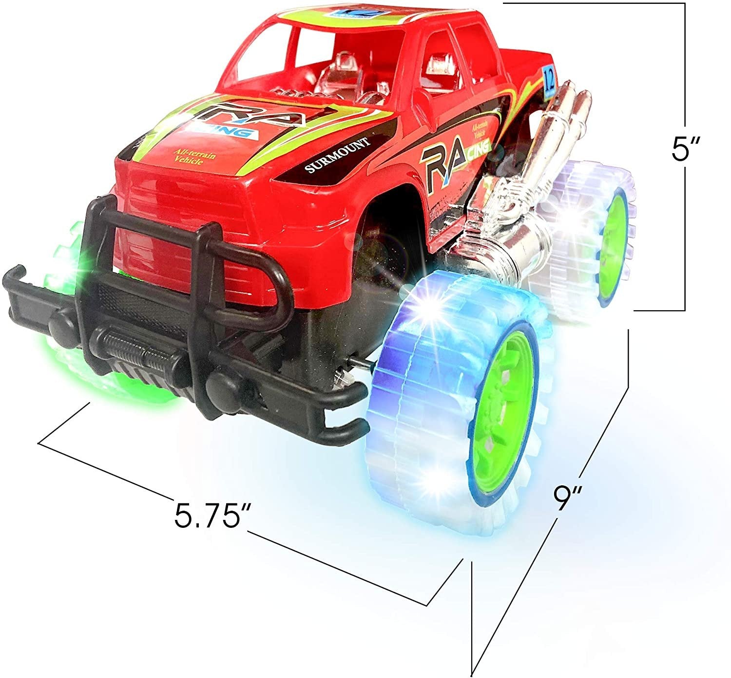 Light-Up Red Monster Truck with Sounds, 9" Monster Truck with Flashing Wheels and Friction Motor, Push n Go Toy Car, Best Birthday Gift for Boys and Girls Ages 3+