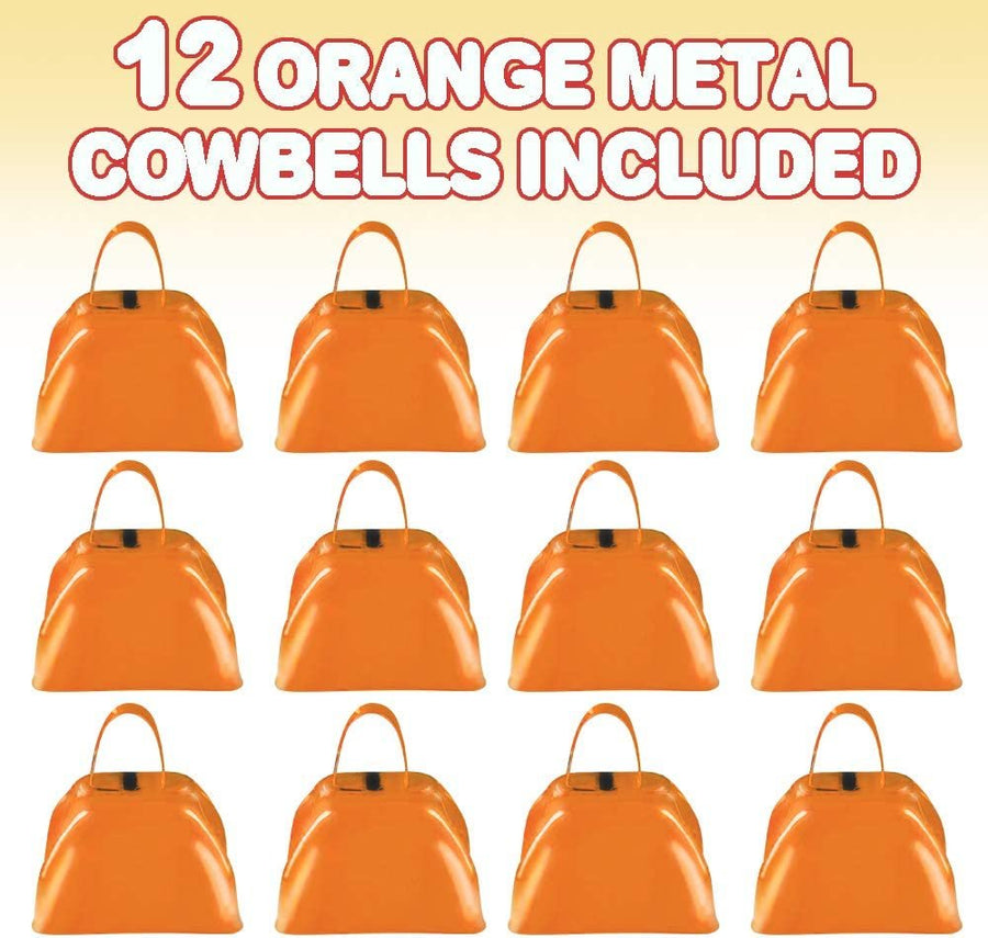 3" Orange Metal Cowbell Noisemakers - Pack of 12 - Loud Metal Cowbell Noise Makers with Handles, Great for Football Games, Sporting Events, New Year’s Eve, for Kids and Adults