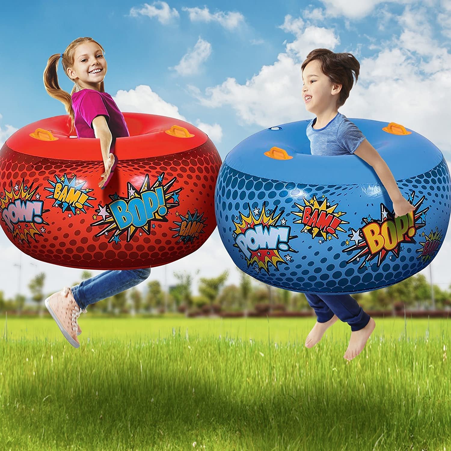 Inflatable Body Bumper Set for Kids - Pack of 2 - Colorful Bump Ball Toys with Handles - Great Summer Game, Fun Birthday Party Activity, Gift Idea for Boys and Girls - Red and Blue