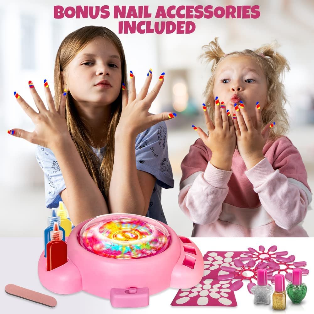 Swirl Painting Kit with Bonus Nail Accessories, Includes Paint, Glitter Glue, Nail Sticker Sheets, and More, Spin Art Machine Set for Kids, Great Gift Idea for Girls