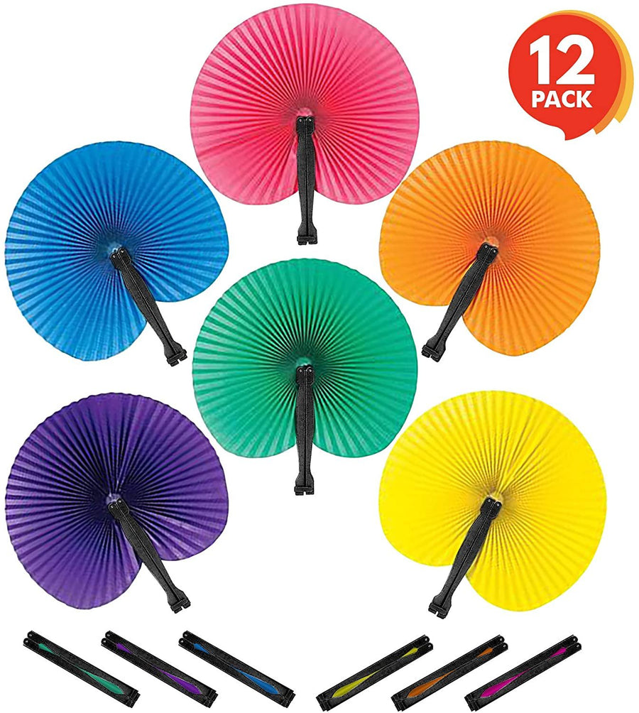 10" Colorful Folding Fans - Pack of 12 - Cool Summer Contraption - Handheld Paper Fan with Plastic Shafts - Hot New Party Favor and Prize - Fun Novelties, Gifts for Kids Ages 3+
