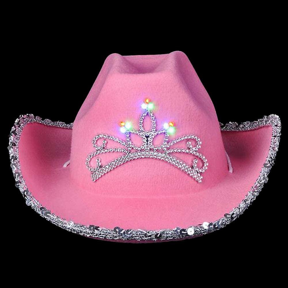 Light-Up Pink Cowboy Hat for Girls - Sparkly Cowgirl Hat with Sequins and a Dazzling LED Tiara - Cute Cowgirl Birthday Party Hat for Girls - Fun Shiny Cowgirl Costume Accessory