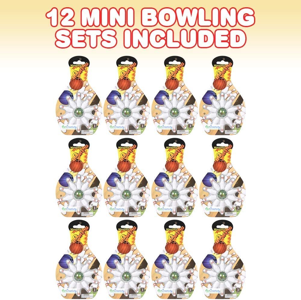 Mini Bowling Game, Set of 12, Each Set Includes 10 Miniature Pins and 1 Marble Bowling Ball, Tabletop Bowling Sets for Kids and Adults, Party Favors, Goodie Bag Fillers, and Small Prizes