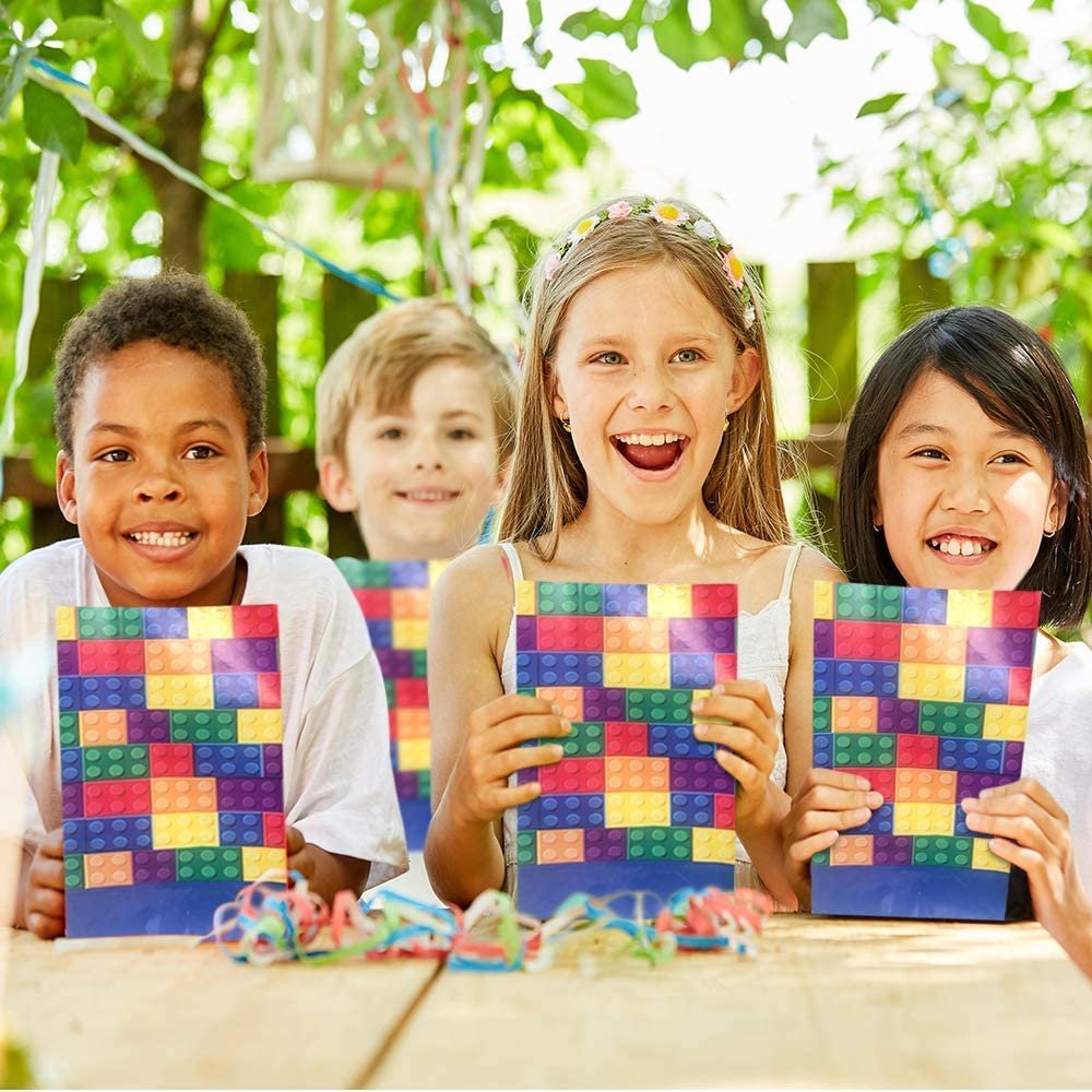 Building Block Paper Party Favor Bags, Pack of 12, Fun Themed Goodie Gift Bags, Durable Treat Bags, Construction Party Supplies and Favors for Birthday, Baby Shower, Holiday Goodies