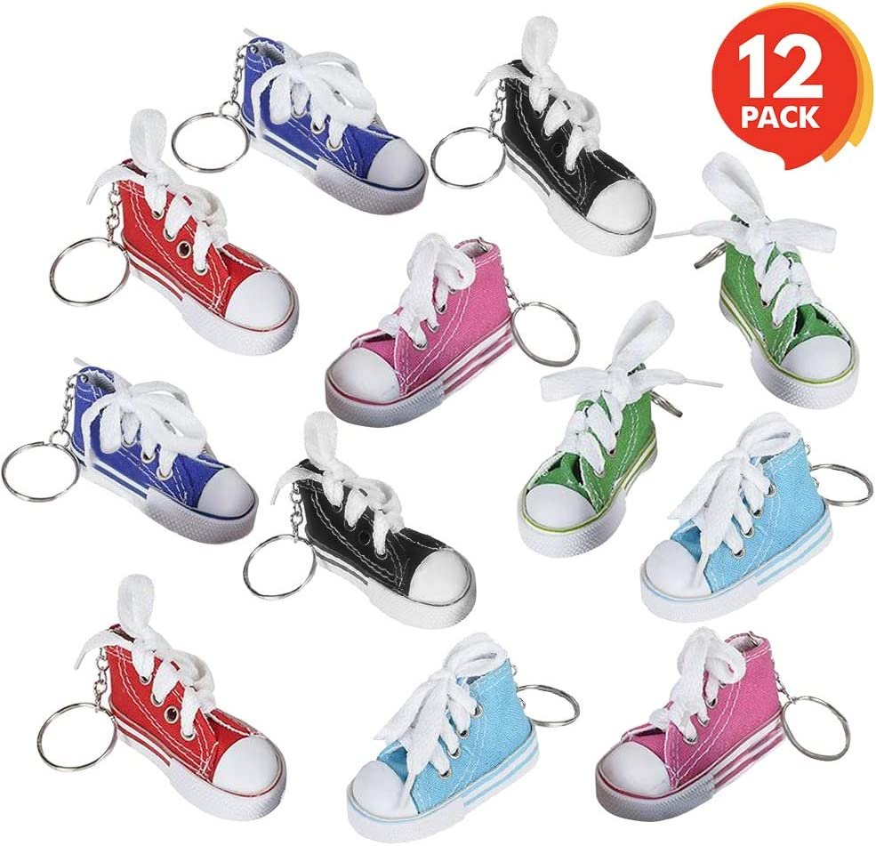 Mini Canvas Sneaker Keychains for Kids and Adults - Set of 12 - 3" Tennis Shoe Key Chains - Cool Birthday Party Favors, Goody Bag Fillers, Prize for Boys and Girls, Fundraising Item